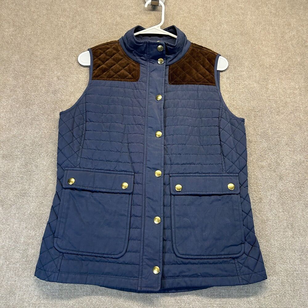 Vineyard Vines Quilted Hunting Vest Womens Small Navy Full Zip Leather Shoulders